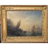 K Heilinger (?) (German 19th century), Venetian lagoon scene with sailing vessels, at sunset, signed