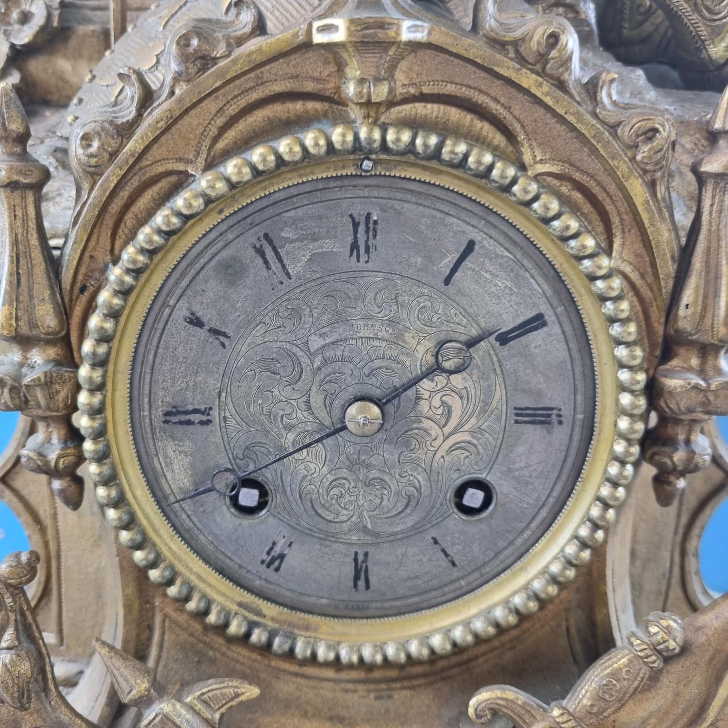 Large 19th century French ormolu figural mantle clock, the case overall with heraldic military - Image 2 of 6