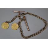 9ct gold curb link pocket watch chain with T bar, together with a gold propelling pencil with
