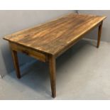 Late 19th century French mahogany four plank top farmhouse kitchen table, the moulded top above
