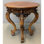 Victorian mahogany and walnut side/lamp table, of circular form, the mahogany moulded top above a