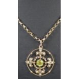 Art Nouveau design 9ct gold Peridot and Seed Pearl pendant necklace. 5.2g approx. (B.P. 21% + VAT)