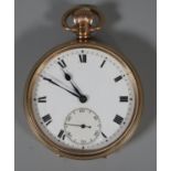 9ct gold keyless open faced lever pocket watch with Roman numerals and seconds dial. 5cm diameter