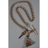 9ct gold pocket watch T bar chain with bloodstone fob and watch key. Total weight 44g approx. (B.