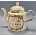 18th century Cream Ware teapot with relief foliate entwined handle, 'Succefs to the Merry Wives of