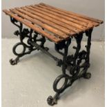 Victorian cast iron Coalbrookdale style garden bench, overall decorated with ornate leaves and
