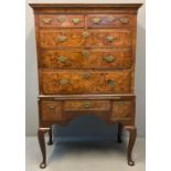 18th century style walnut tallboy chest on stand, the shaped moulded cornice above an arrangement of