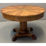 19th century yew wood and mahogany Biedermeier style drum table, the circular top with string
