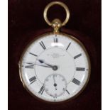 19th century 18ct gold key wind open faced lever pocket watch with Roman face having seconds