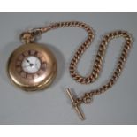 9ct gold half hunter keyless lever pocket watch with white enamel Roman face having seconds dial,