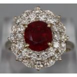 18ct white gold ruby and diamond ring, the central faceted ruby surrounded by tiny diamonds. Size R.
