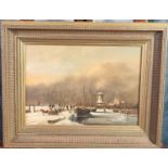 Dutch School (19th century, signed W Bos), Winter scene with moored Dutch barges, windmill,