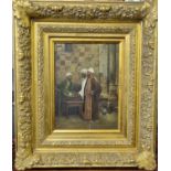 Modern School, Arab figures in conversation, oils on panel. Heavy gilt frame and slip. 44x33cm
