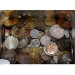 Aluminium sandwich box containing assorted medallions, coronation Medals. Jubilee Medals, odd