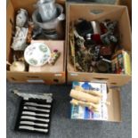 Two boxes of mixed items to include: copper fish and lobster shaped jelly moulds, cased and loose