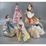 Five Royal Doulton bone china figurines, to include: 'Autumntime', 'Alexandra', 'Lisa',