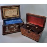 19th century rosewood and mother of pearl inlaid sarcophagus shaped jewellery casket together with a