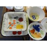 Tray of china to include: Royal Worcester 'Evesham Orchard' mixing bowl, two square vegetable design