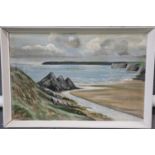 B V Parkyn (Welsh early 20th century), Gower beach scene with distant cliffs. Oils on board. 40x60cm