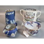 Staffordshire Pottery 'Godspeed the Plough' two handled loving mug together with two items of blue