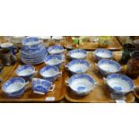 Two trays of blue and white Spode 'Italian' design china to include; two handled soup bowls,