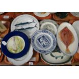 Two trays of mainly fish design china items to include: three Villeroy & Boch Mettlach German