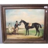 After the 19th century British School, study of a racehorse with owner and jockey, coloured