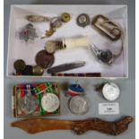 W. L. Cecil Esq WWII medals boxed together with a wooden dog letter opener, a National Fire