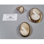 9ct gold cameo brooch together with another cameo brooch and a 9ct gold cameo ring. (B.P. 21% + VAT)