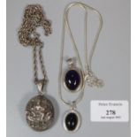 White metal, possibly Thai or Indian locket on chain together with another pendant on chain and