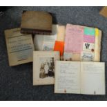 Box of antiquarian books to include: half Moroccan leather bound Victorian scrapbook, hand written