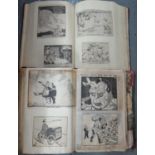 Six half leather and cloth bound ledgers/scrap books containing newspaper cut outs of cartoons,