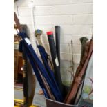 Collection of assorted fishing rods, to include: carbon two piece spinning rod, Bruce and Walker