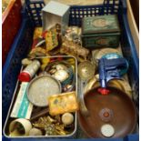 Box of assorted coins, Post Office Savings Bank, potato gun, Rhymney & Crosswell's advertising