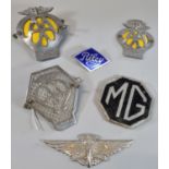 Collection of vehicle radiator and bumper badges, to include: three vintage AA badges, a Riley