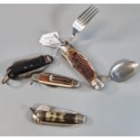 Collection of clasp knives, to include: two folding knife fork and spoon sets with horn or simulated