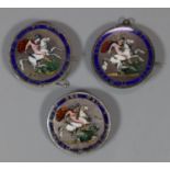 Three Georgian enamelled silver crown coin brooches. (B.P. 21% + VAT)