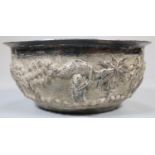 White metal, probably Indian bowl decorated with relief figures, palm trees and houses. 1.5 troy