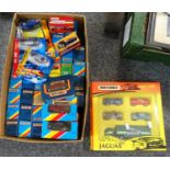 Box of assorted diecast model vehicles appearing to be mainly Matchbox and Matchbox Superfast