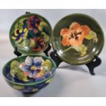 Collection of Moorcroft pottery Hibiscus design tube lined items to include: two shallow bowls and a