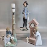Nao Spanish porcelain table lamp decorated with young girl, rabbits and a tree stump together with