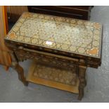 Syrian mosaic mother of pearl geometrically decorated games table together with modern chess pieces,