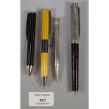 Plastic box of assorted items to include: two Thomas Lyte 925 silver designer pens, Aspinal of