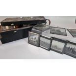 Wooden case containing black and white magic lantern slides, various subjects to include: