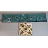 Late 19th century pottery transfer printed floral tile together with a turquoise ground relief