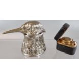 Silver plated hummingbird head inkwell with original liner and an antique portable travel inkwell