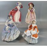 Four Royal Doulton bone china figurines to include: 'Alice', 'Noelle', the Peggy Davies