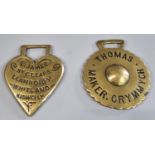 Two Welsh interest antique horse brasses with inscribed text 'Thomas Maker ,Crymmych' and 'L. James,