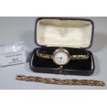 Vintage 9ct gold ladies wristwatch with Arabic enamel face and plated bracelet together with a