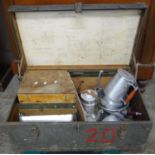 Vintage French Army trunk containing a collection of aluminium cooking utensils. (B.P. 21% + VAT)